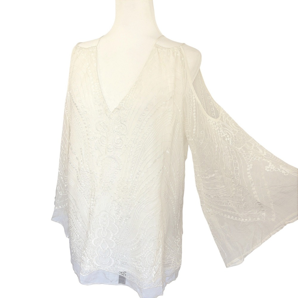 Lavender Brown 100% Silk Fairycore Lace Open Shoulder‎ Bell Sleeve Blouse Top L